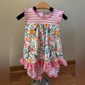 Toddler Little Girls Pink Striped One Piece (Outfit) Bubble Flowers LIKE NEW
